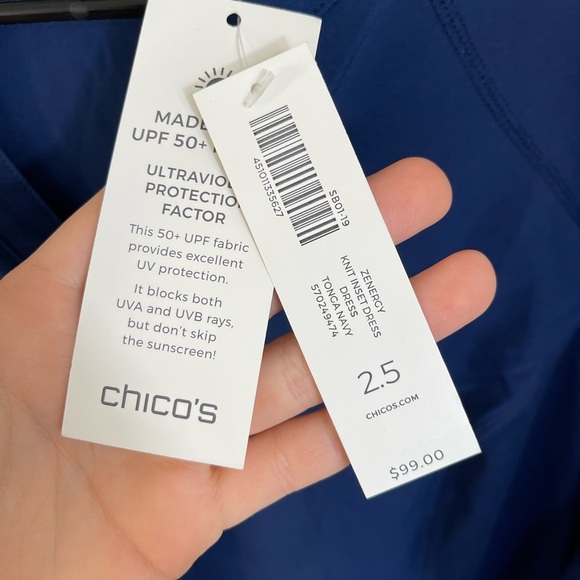 Chico's Zenergy Knit Insert Elegant Blue Sleeve Women's Dress UPF Sz 14 NWT - Picture 9 of 15